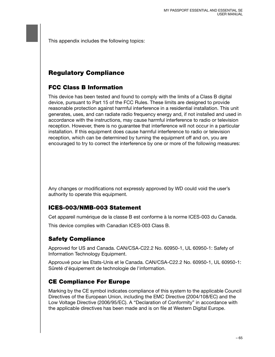 Compliance and warranty information, Regulatory compliance, Fcc class b information | Ices-003/nmb-003 statement, Safety compliance, Ce compliance for europe | Western Digital My Passport Essential SE User Manual User Manual | Page 70 / 75