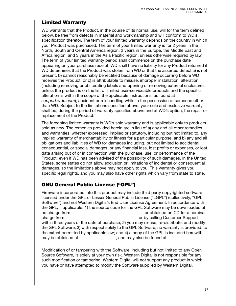 Limited warranty, Gnu general public license (“gpl”) | Western Digital My Passport Essential SE User Manual User Manual | Page 72 / 75