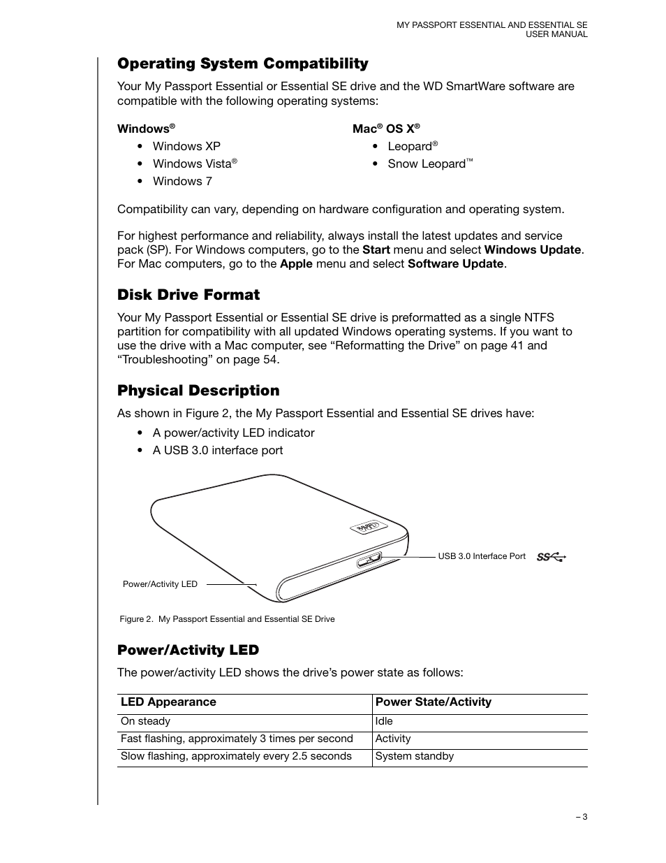 Operating system compatibility, Disk drive format, Physical description | Power/activity led | Western Digital My Passport Essential SE User Manual User Manual | Page 8 / 75