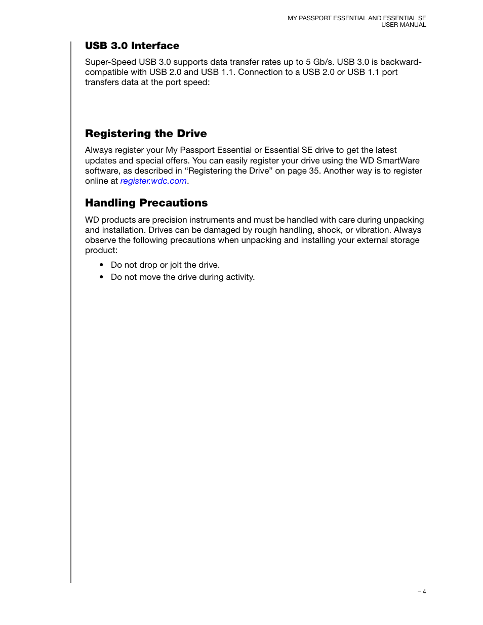 Usb 3.0 interface, Registering the drive, Handling precautions | Registering the drive handling precautions | Western Digital My Passport Essential SE User Manual User Manual | Page 9 / 75