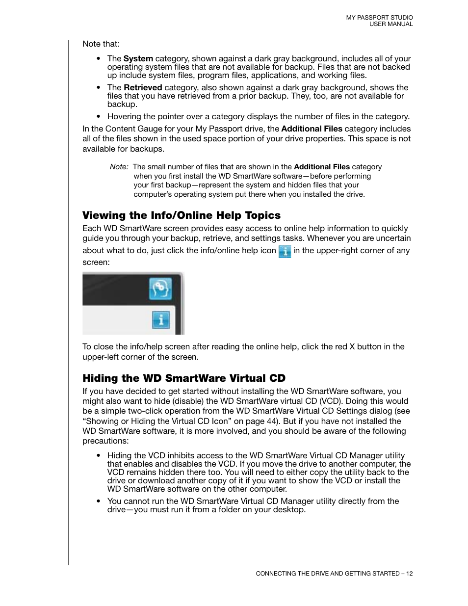 Viewing the info/online help topics, Hiding the wd smartware virtual cd | Western Digital My Passport Studio User Manual User Manual | Page 17 / 76