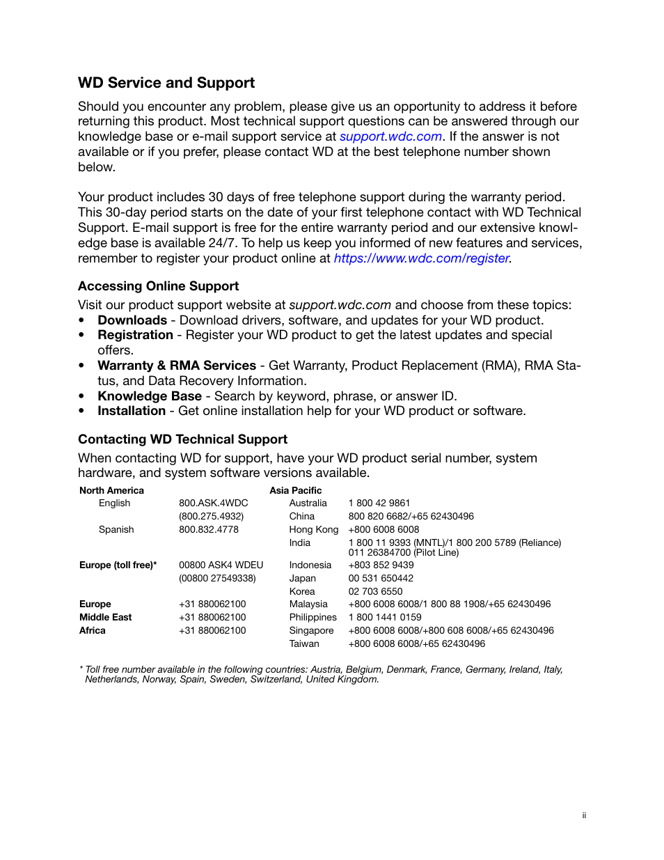 Wd service and support, Accessing online support, Contacting wd technical support | Western Digital My Passport Studio User Manual User Manual | Page 2 / 76