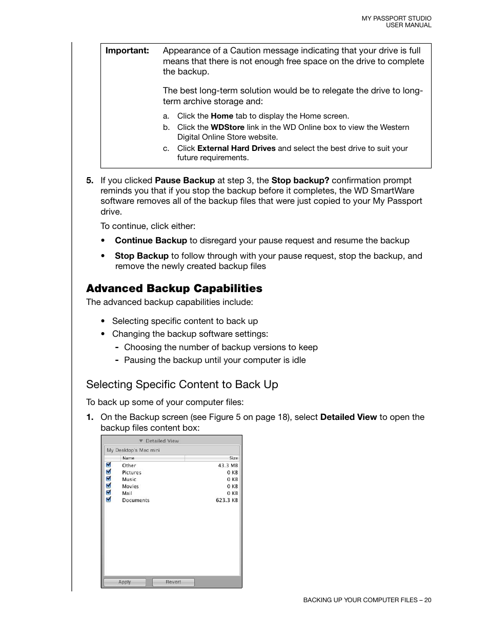 Advanced backup capabilities, Selecting specific content to back up | Western Digital My Passport Studio User Manual User Manual | Page 25 / 76