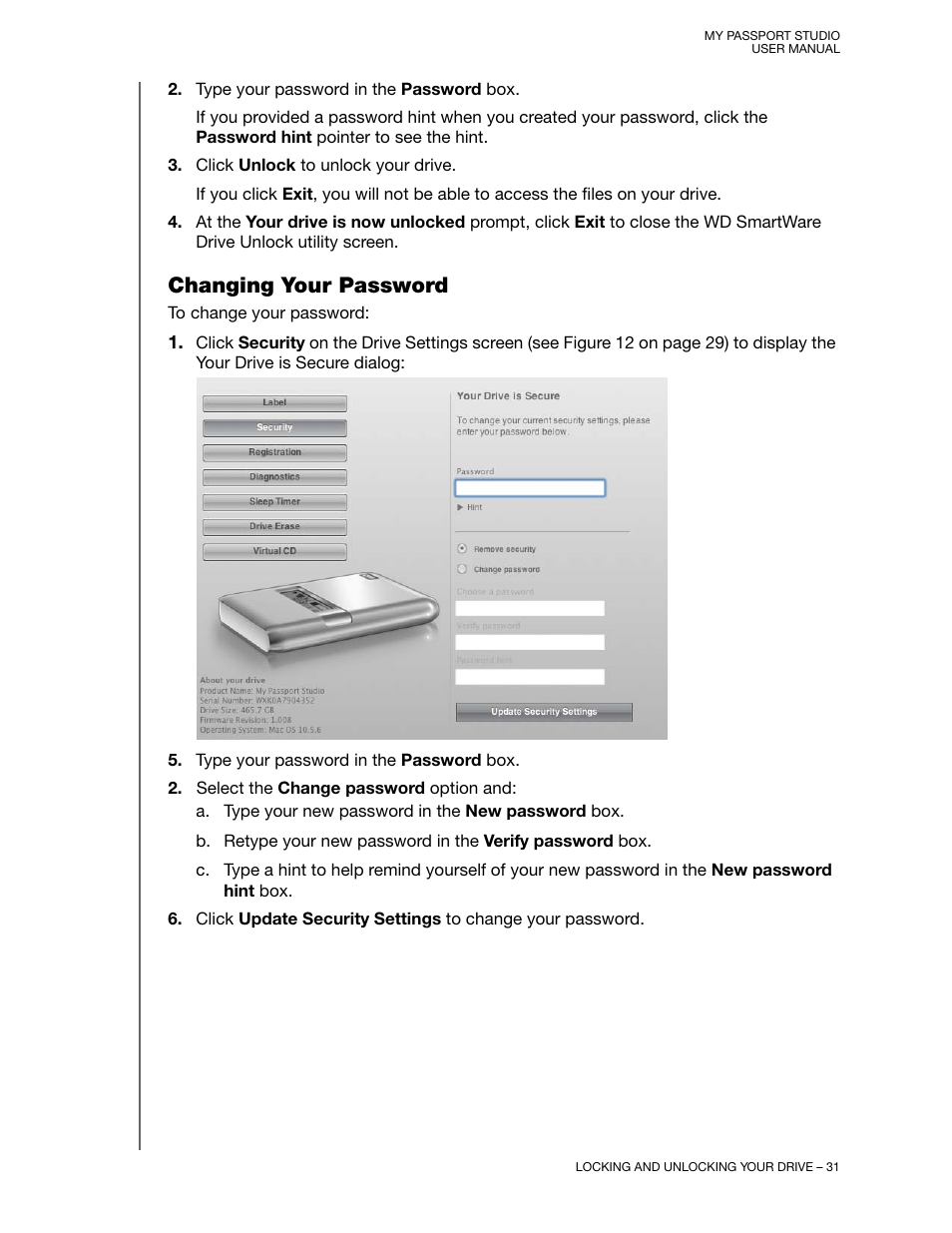 Changing your password | Western Digital My Passport Studio User Manual User Manual | Page 36 / 76