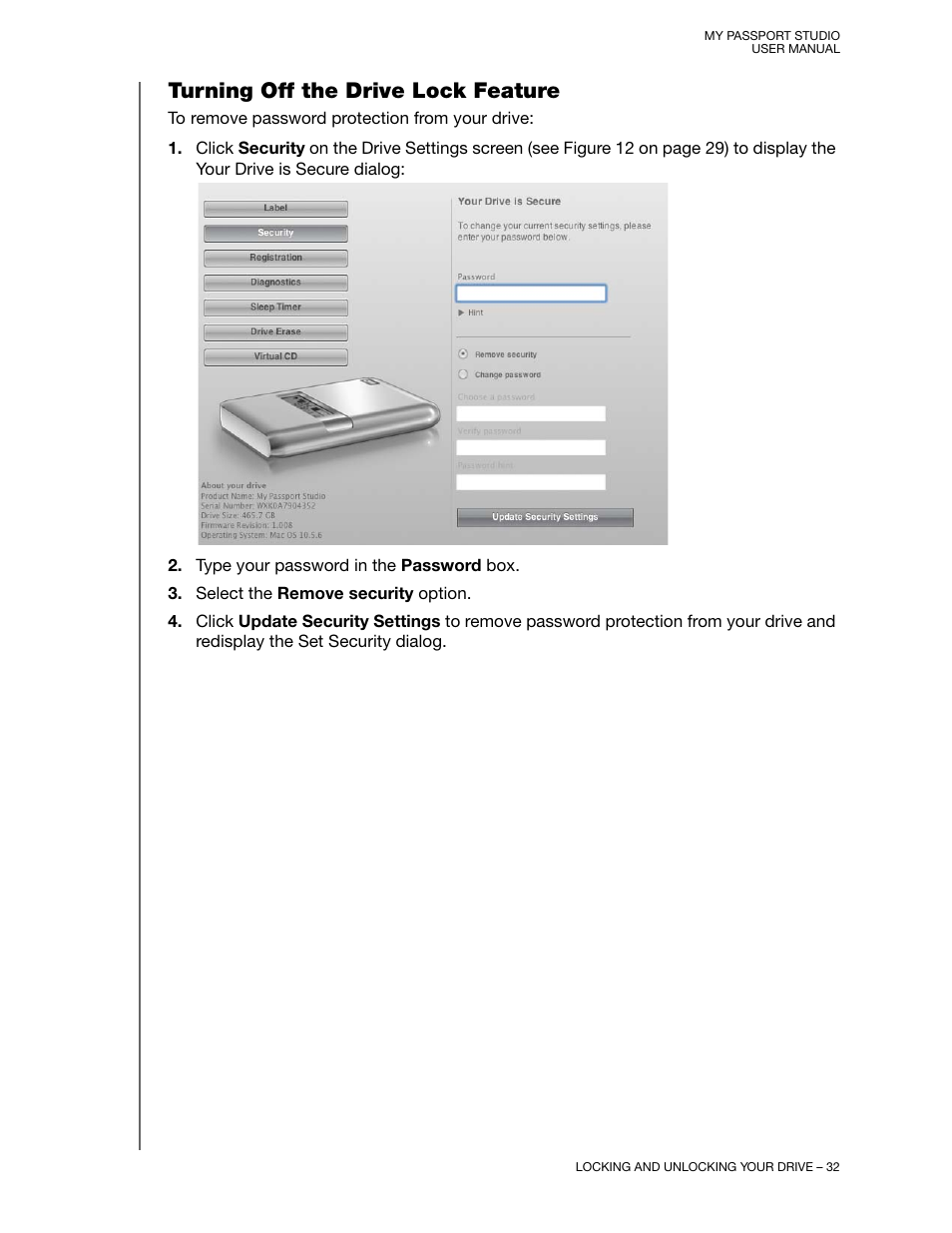 Turning off the drive lock feature | Western Digital My Passport Studio User Manual User Manual | Page 37 / 76