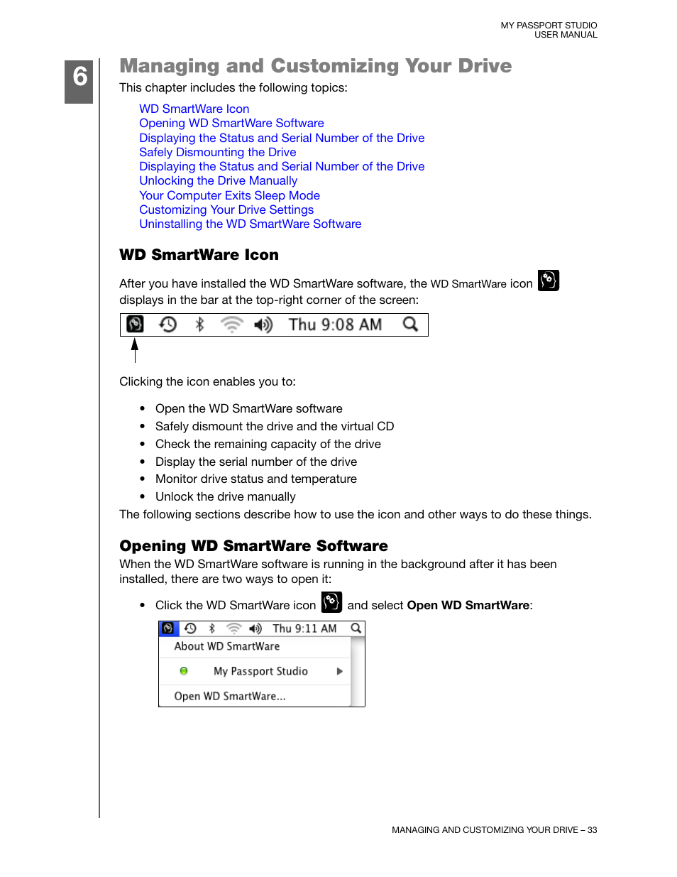 Managing and customizing your drive, Wd smartware icon, Opening wd smartware software | Western Digital My Passport Studio User Manual User Manual | Page 38 / 76