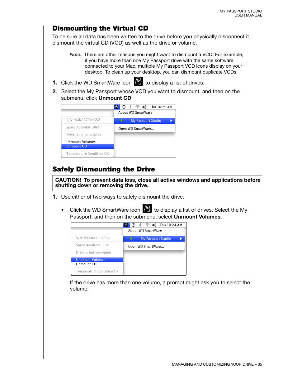 Dismounting the virtual cd, Safely dismounting the drive | Western Digital My Passport Studio User Manual User Manual | Page 40 / 76