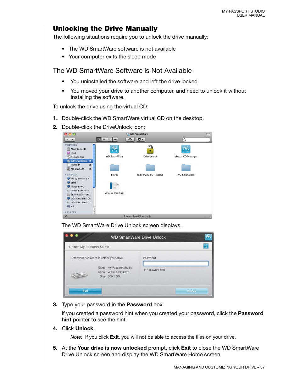 Unlocking the drive manually, The wd smartware software is not available | Western Digital My Passport Studio User Manual User Manual | Page 42 / 76