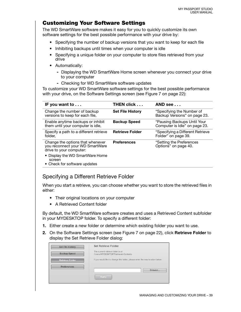 Customizing your software settings, Specifying a different retrieve folder | Western Digital My Passport Studio User Manual User Manual | Page 44 / 76