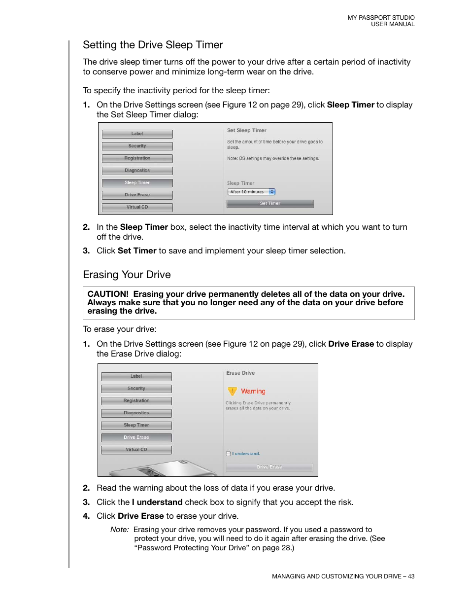 Setting the drive sleep timer, Erasing your drive | Western Digital My Passport Studio User Manual User Manual | Page 48 / 76