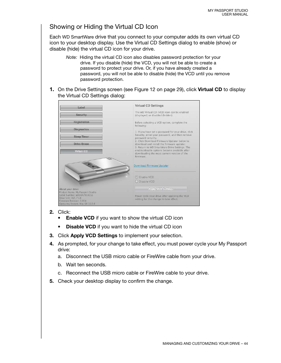 Showing or hiding the virtual cd icon | Western Digital My Passport Studio User Manual User Manual | Page 49 / 76