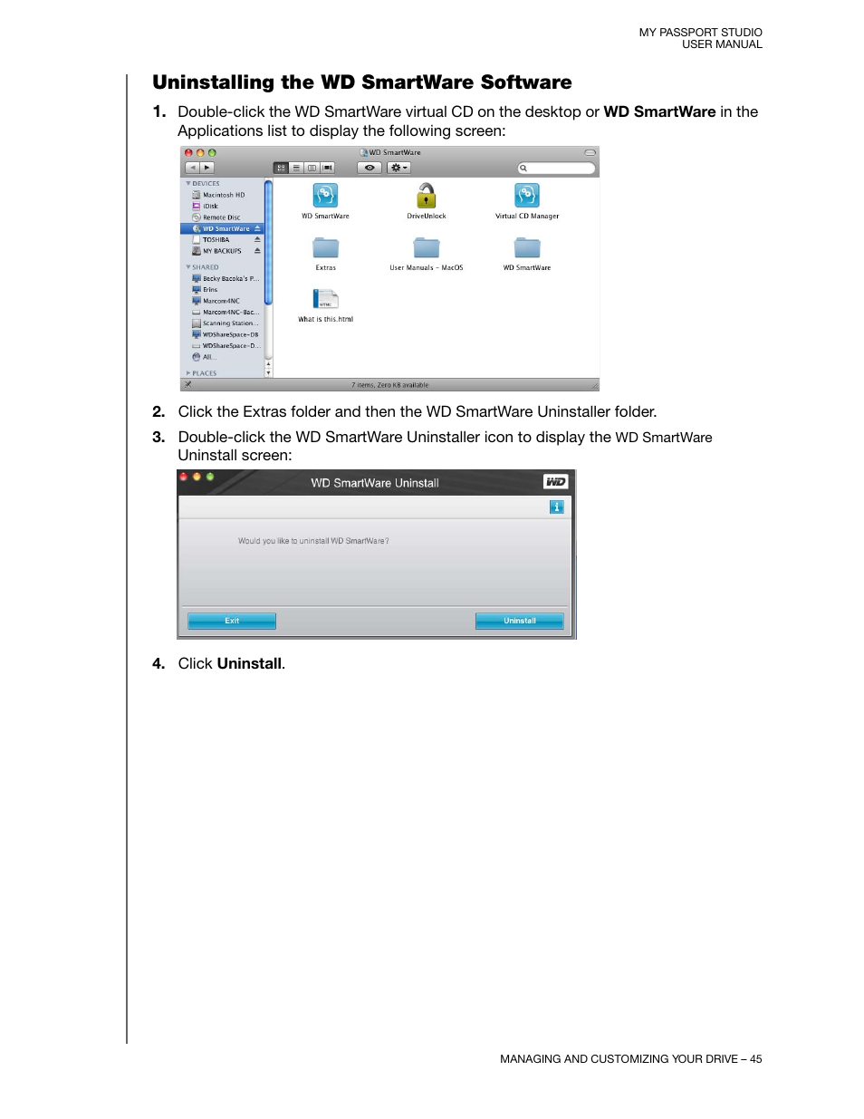 Uninstalling the wd smartware software | Western Digital My Passport Studio User Manual User Manual | Page 50 / 76