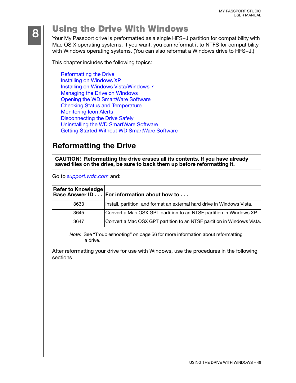 Using the drive with windows, Reformatting the drive, Using the drive | Western Digital My Passport Studio User Manual User Manual | Page 53 / 76