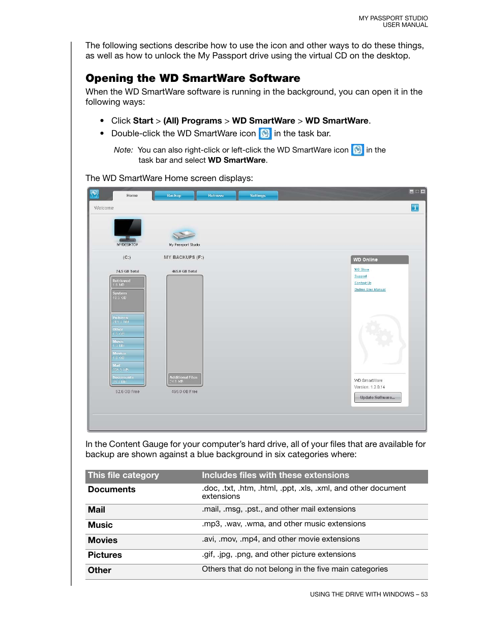Opening the wd smartware software | Western Digital My Passport Studio User Manual User Manual | Page 58 / 76