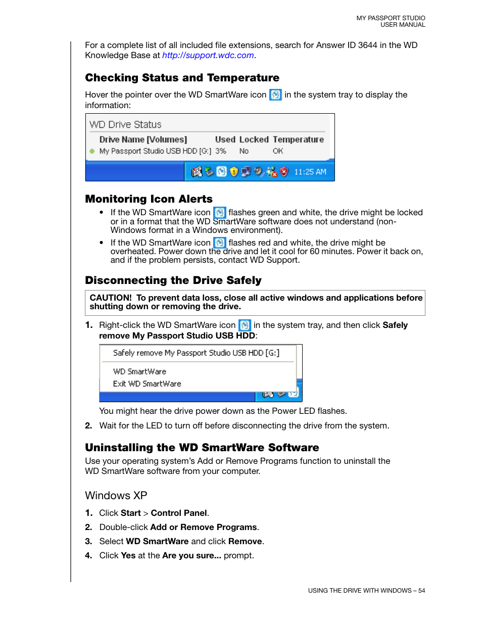 Checking status and temperature, Monitoring icon alerts, Disconnecting the drive safely | Uninstalling the wd smartware software, Windows xp | Western Digital My Passport Studio User Manual User Manual | Page 59 / 76