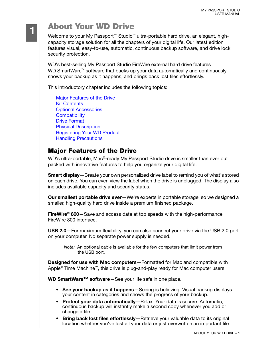 About your wd drive, Major features of the drive | Western Digital My Passport Studio User Manual User Manual | Page 6 / 76