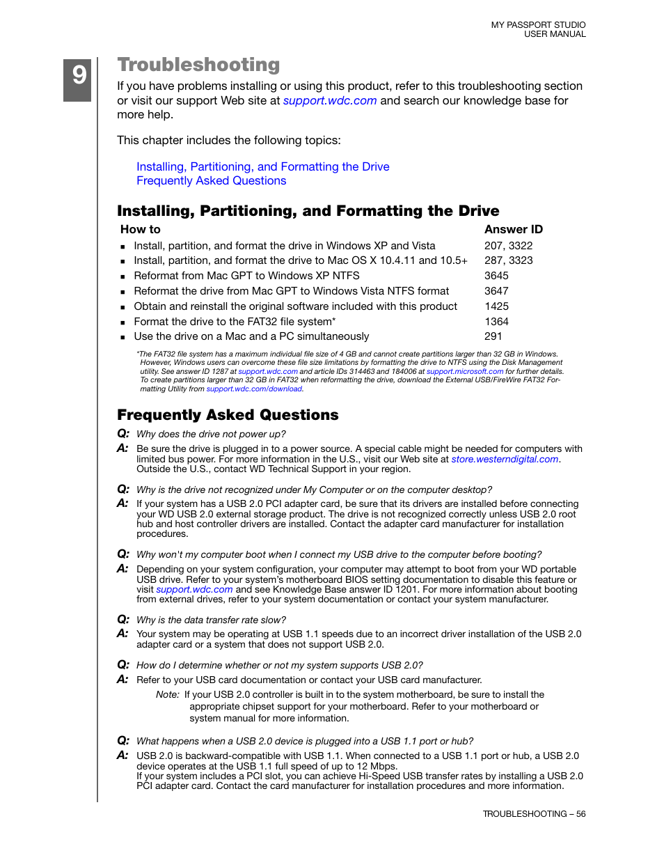 Troubleshooting, Installing, partitioning, and formatting the drive, Frequently asked questions | Western Digital My Passport Studio User Manual User Manual | Page 61 / 76