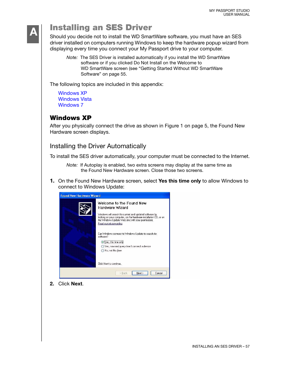 Installing an ses driver, Windows xp, Installing the driver automatically | Western Digital My Passport Studio User Manual User Manual | Page 62 / 76