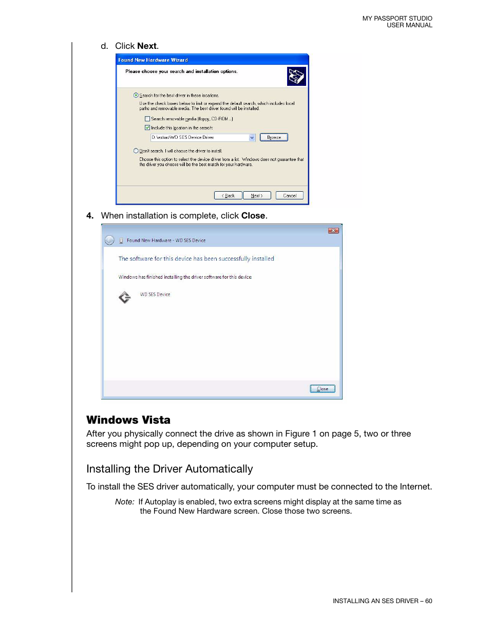 Windows vista, Installing the driver automatically | Western Digital My Passport Studio User Manual User Manual | Page 65 / 76