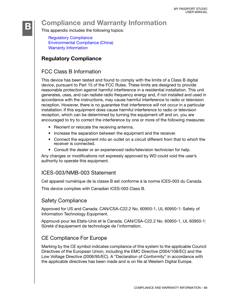 Compliance and warranty information, Regulatory compliance, Fcc class b information | Ices-003/nmb-003 statement, Safety compliance, Ce compliance for europe | Western Digital My Passport Studio User Manual User Manual | Page 71 / 76