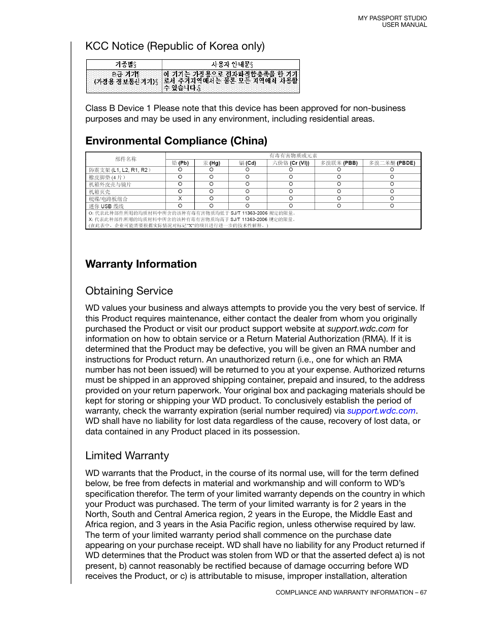 Kcc notice (republic of korea only), Environmental compliance (china), Warranty information | Obtaining service, Limited warranty | Western Digital My Passport Studio User Manual User Manual | Page 72 / 76