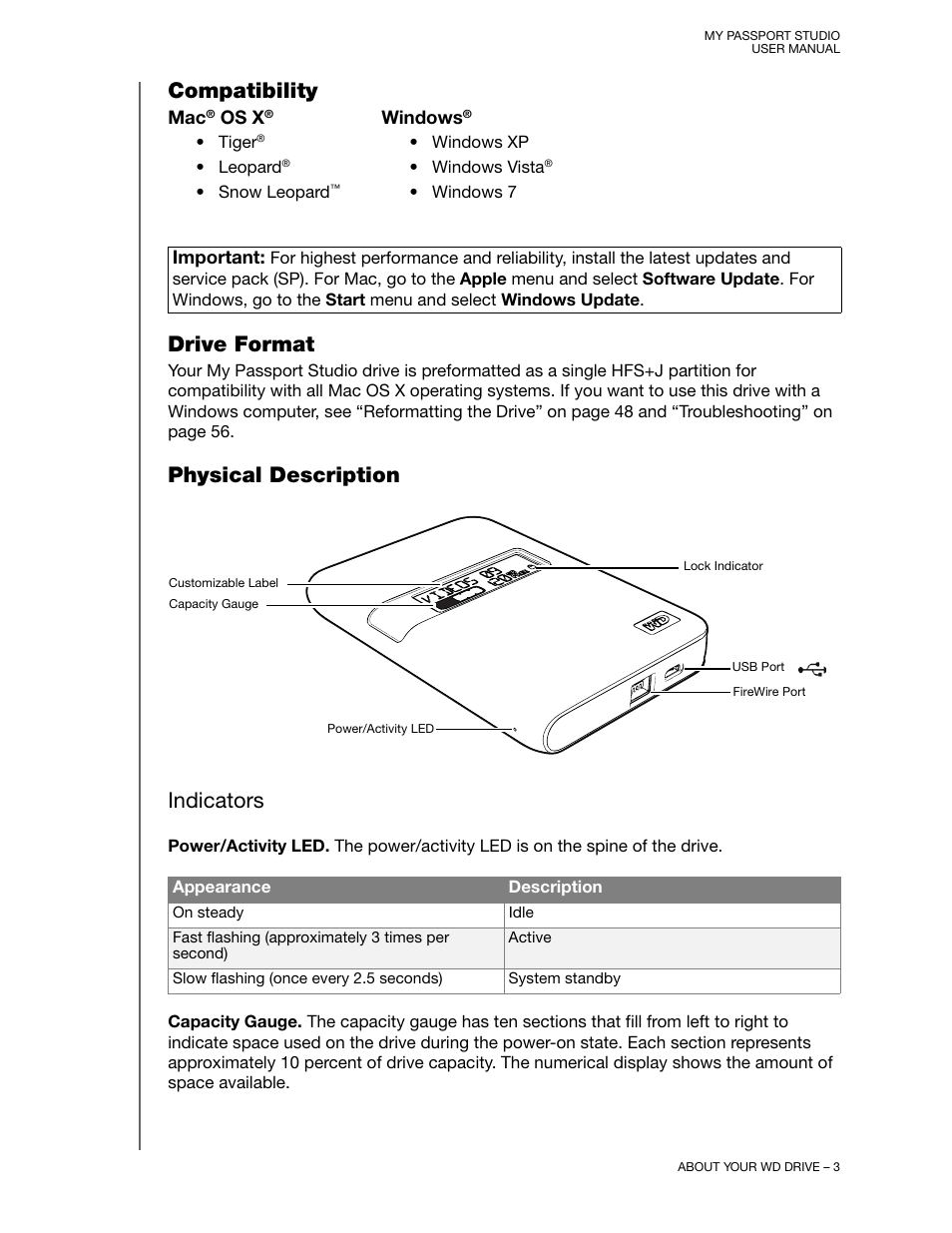 Compatibility, Drive format, Physical description | Indicators, Compatibility drive format physical description, Compatibility drive format, Physical description indicators | Western Digital My Passport Studio User Manual User Manual | Page 8 / 76