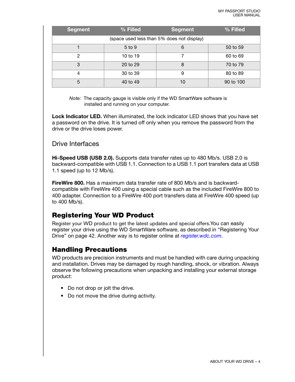 Drive interfaces, Registering your wd product, Handling precautions | Registering your wd product handling precautions | Western Digital My Passport Studio User Manual User Manual | Page 9 / 76