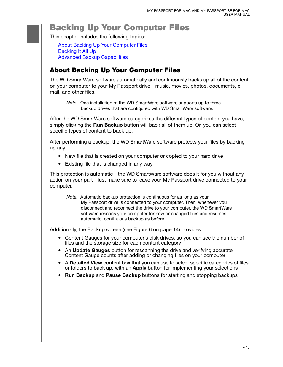 Backing up your computer files, About backing up your computer files | Western Digital My Passport SE for Mac User Manual User Manual | Page 18 / 76