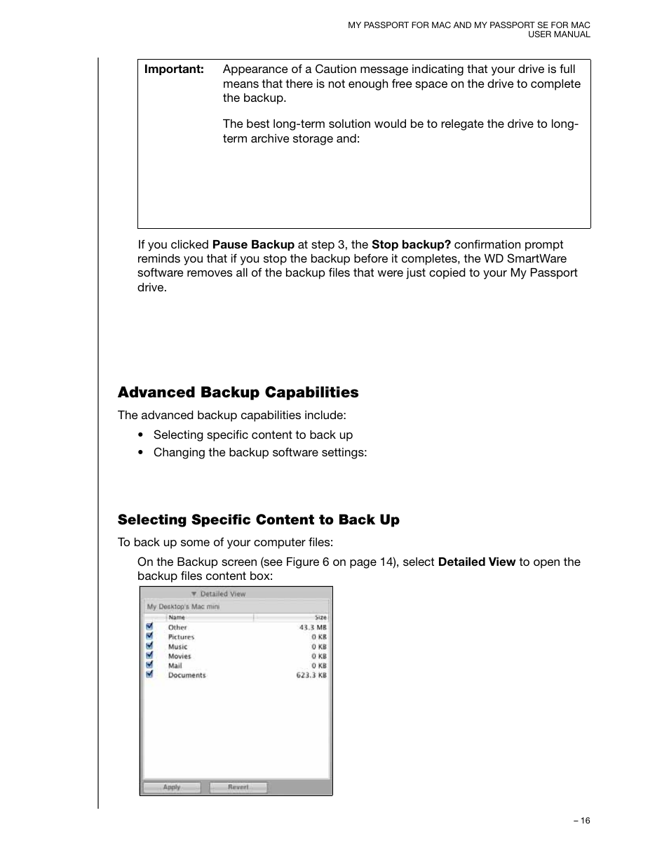 Advanced backup capabilities, Selecting specific content to back up | Western Digital My Passport SE for Mac User Manual User Manual | Page 21 / 76