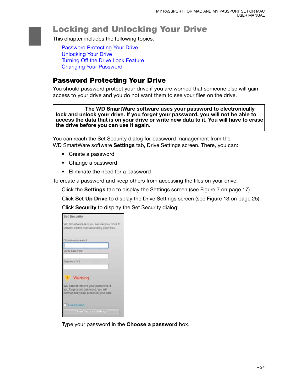Locking and unlocking your drive, Password protecting your drive | Western Digital My Passport SE for Mac User Manual User Manual | Page 29 / 76