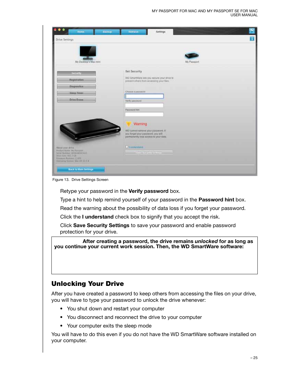 Unlocking your drive | Western Digital My Passport SE for Mac User Manual User Manual | Page 30 / 76