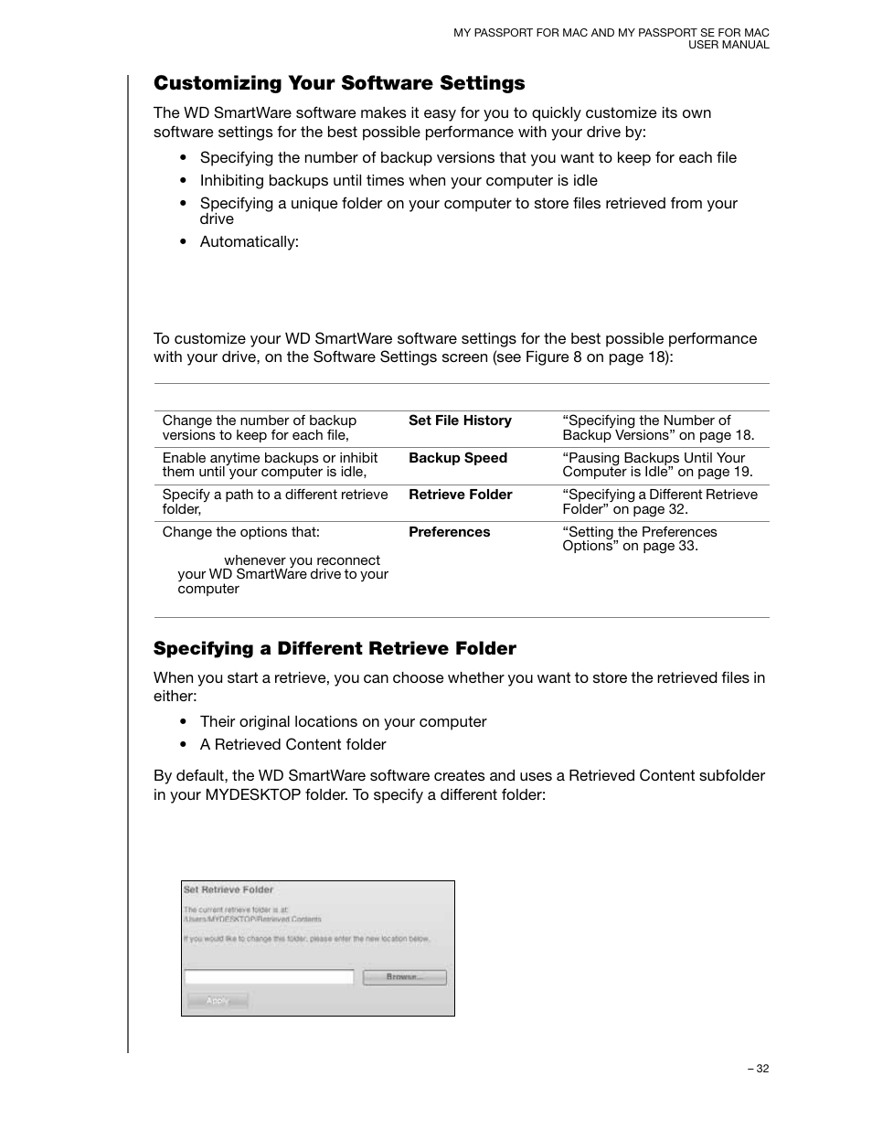 Customizing your software settings, Specifying a different retrieve folder | Western Digital My Passport SE for Mac User Manual User Manual | Page 37 / 76