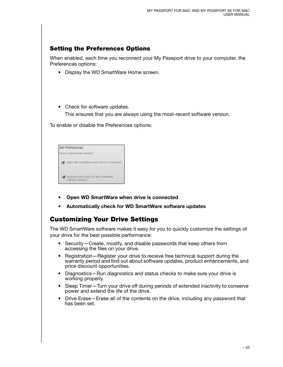 Setting the preferences options, Customizing your drive settings | Western Digital My Passport SE for Mac User Manual User Manual | Page 38 / 76