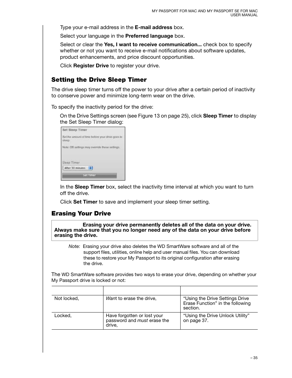 Setting the drive sleep timer, Erasing your drive | Western Digital My Passport SE for Mac User Manual User Manual | Page 40 / 76