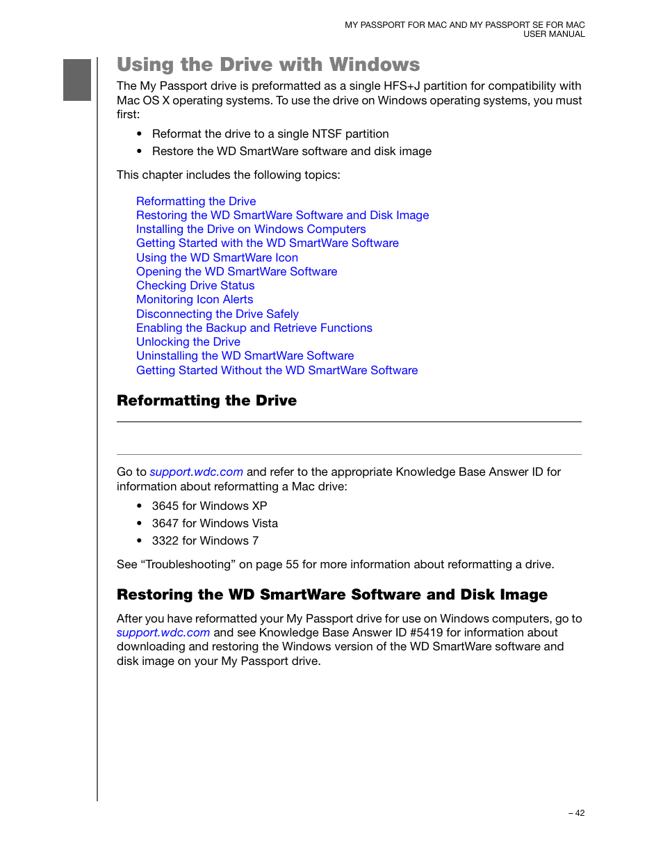 Using the drive with windows, Reformatting the drive, Restoring the wd smartware software and disk image | Western Digital My Passport SE for Mac User Manual User Manual | Page 47 / 76