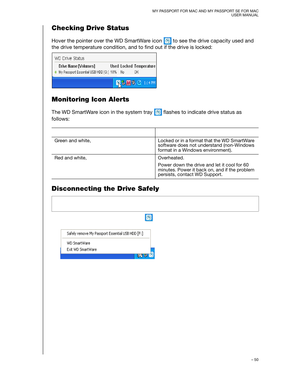 Checking drive status, Monitoring icon alerts, Disconnecting the drive safely | Western Digital My Passport SE for Mac User Manual User Manual | Page 55 / 76