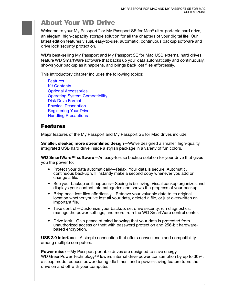 About your wd drive, Features | Western Digital My Passport SE for Mac User Manual User Manual | Page 6 / 76