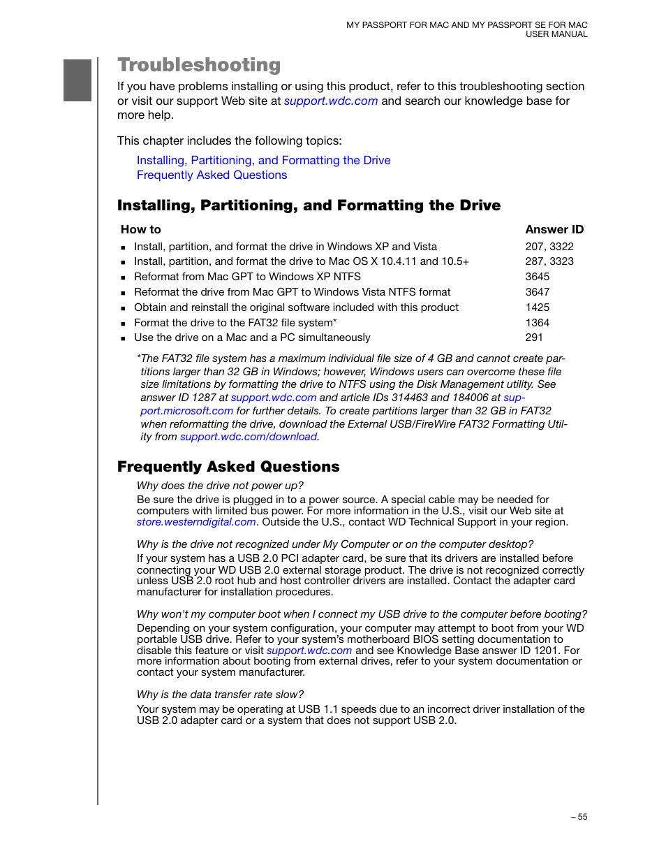 Troubleshooting, Installing, partitioning, and formatting the drive, Frequently asked questions | Western Digital My Passport SE for Mac User Manual User Manual | Page 60 / 76