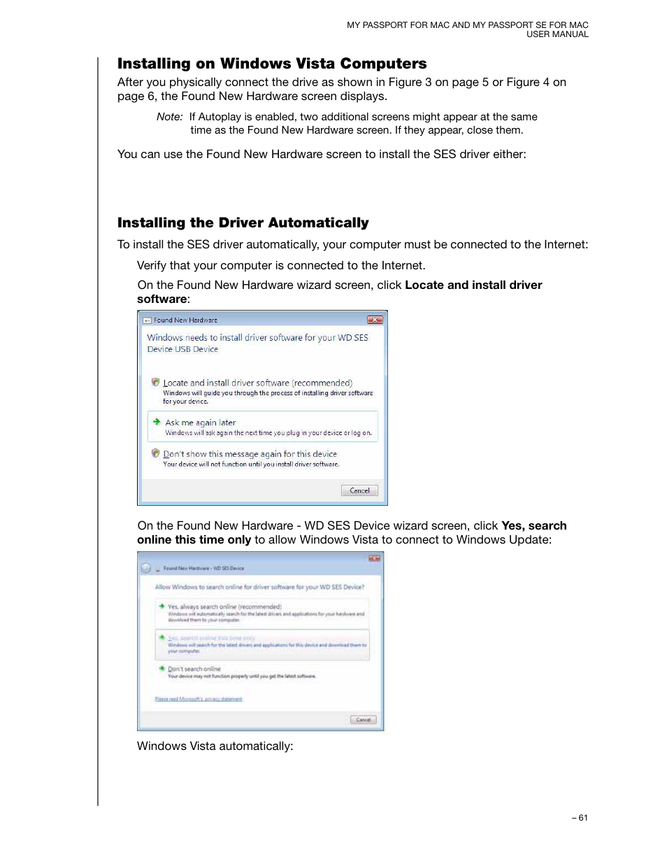 Installing on windows vista computers, Installing the driver automatically | Western Digital My Passport SE for Mac User Manual User Manual | Page 66 / 76