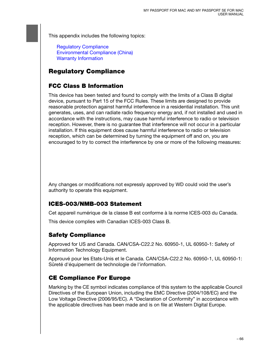 Compliance and warranty information, Regulatory compliance, Fcc class b information | Ices-003/nmb-003 statement, Safety compliance, Ce compliance for europe | Western Digital My Passport SE for Mac User Manual User Manual | Page 71 / 76