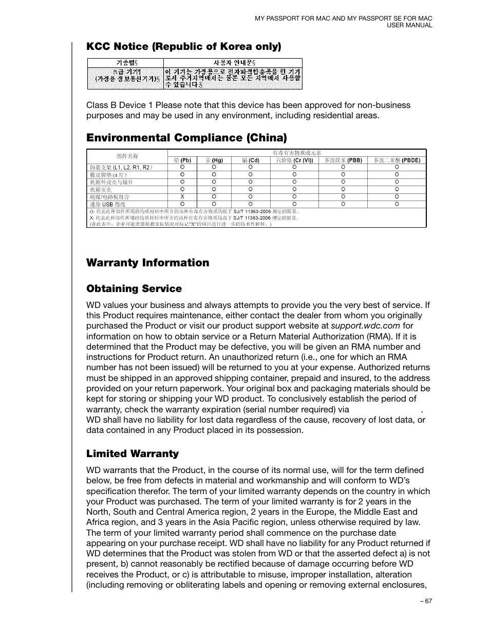 Kcc notice (republic of korea only), Environmental compliance (china), Warranty information | Obtaining service, Limited warranty | Western Digital My Passport SE for Mac User Manual User Manual | Page 72 / 76