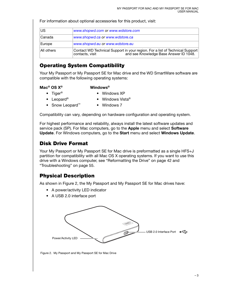 Operating system compatibility, Disk drive format, Physical description | Western Digital My Passport SE for Mac User Manual User Manual | Page 8 / 76