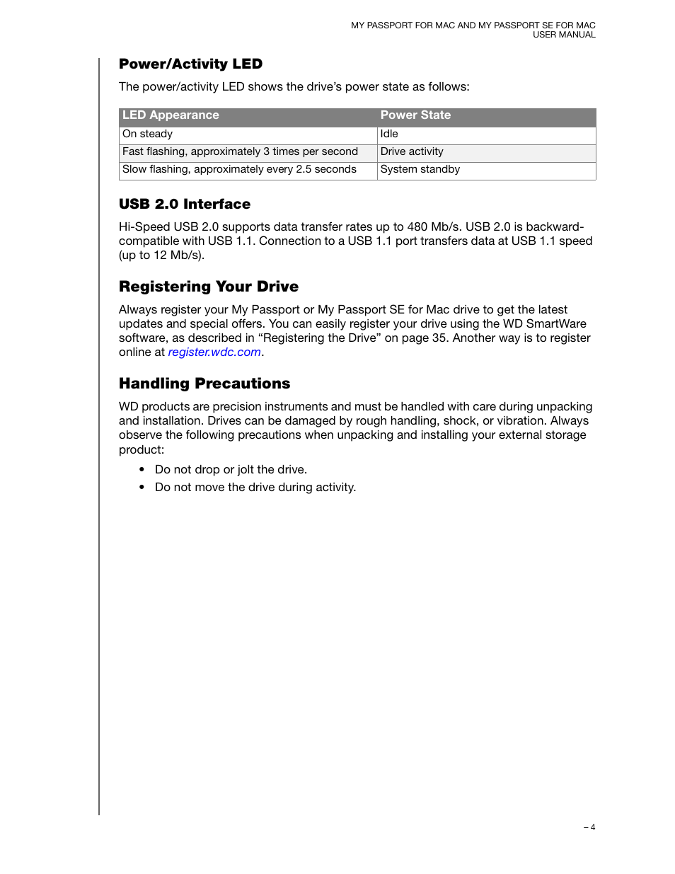 Power/activity led, Usb 2.0 interface, Registering your drive | Handling precautions, Registering your drive handling precautions | Western Digital My Passport SE for Mac User Manual User Manual | Page 9 / 76