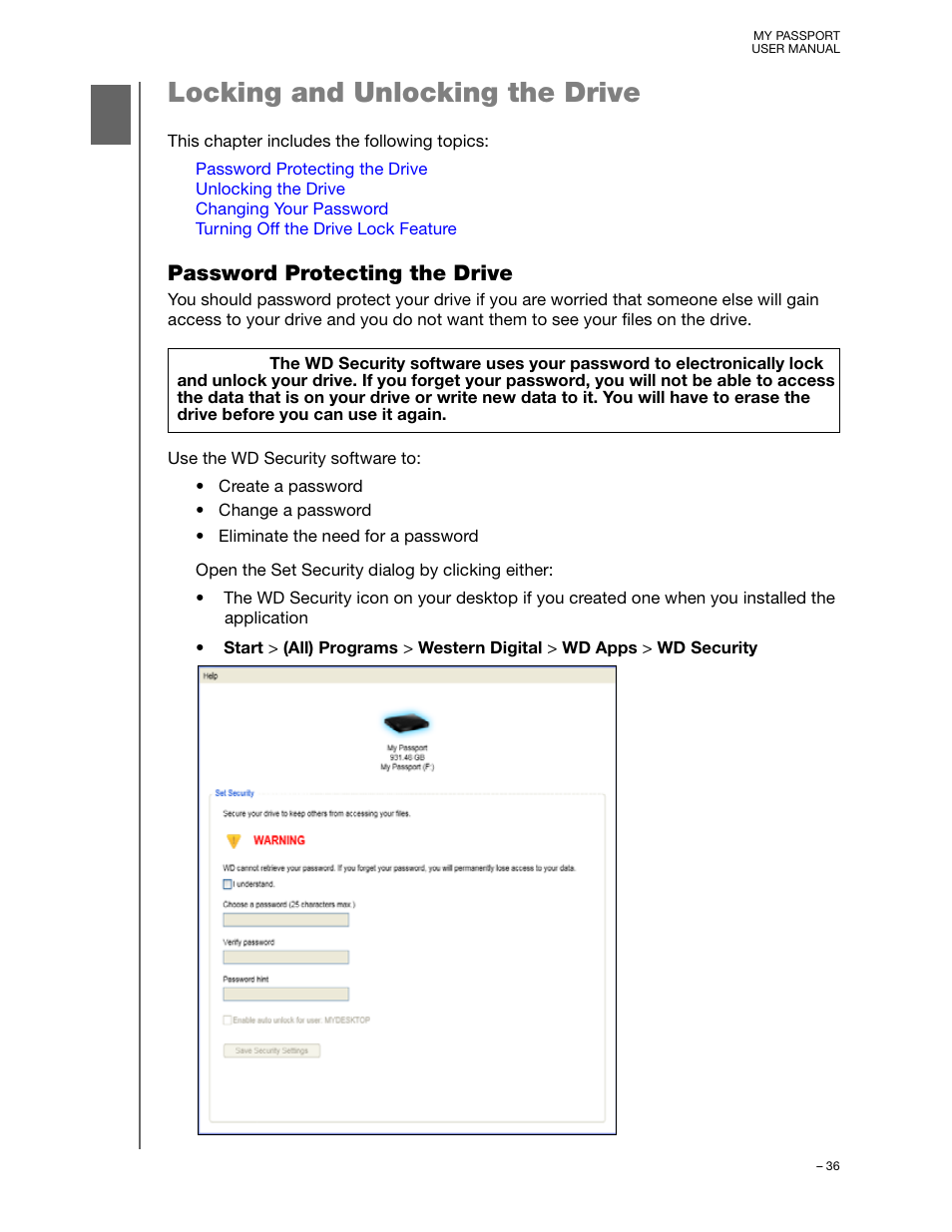 Locking and unlocking the drive, Password protecting the drive | Western Digital My Passport User Manual User Manual | Page 41 / 77