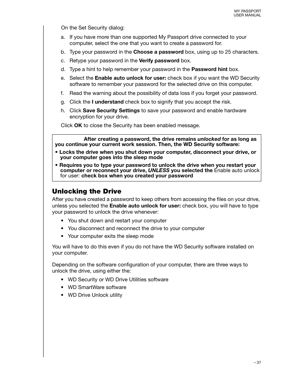 Unlocking the drive | Western Digital My Passport User Manual User Manual | Page 42 / 77