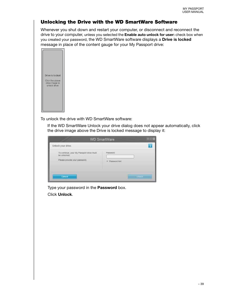 Unlocking the drive with the wd smartware software | Western Digital My Passport User Manual User Manual | Page 44 / 77