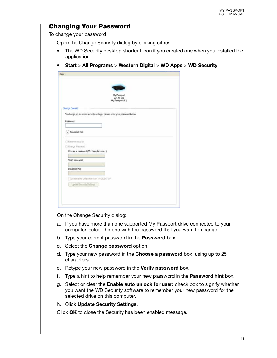 Changing your password | Western Digital My Passport User Manual User Manual | Page 46 / 77