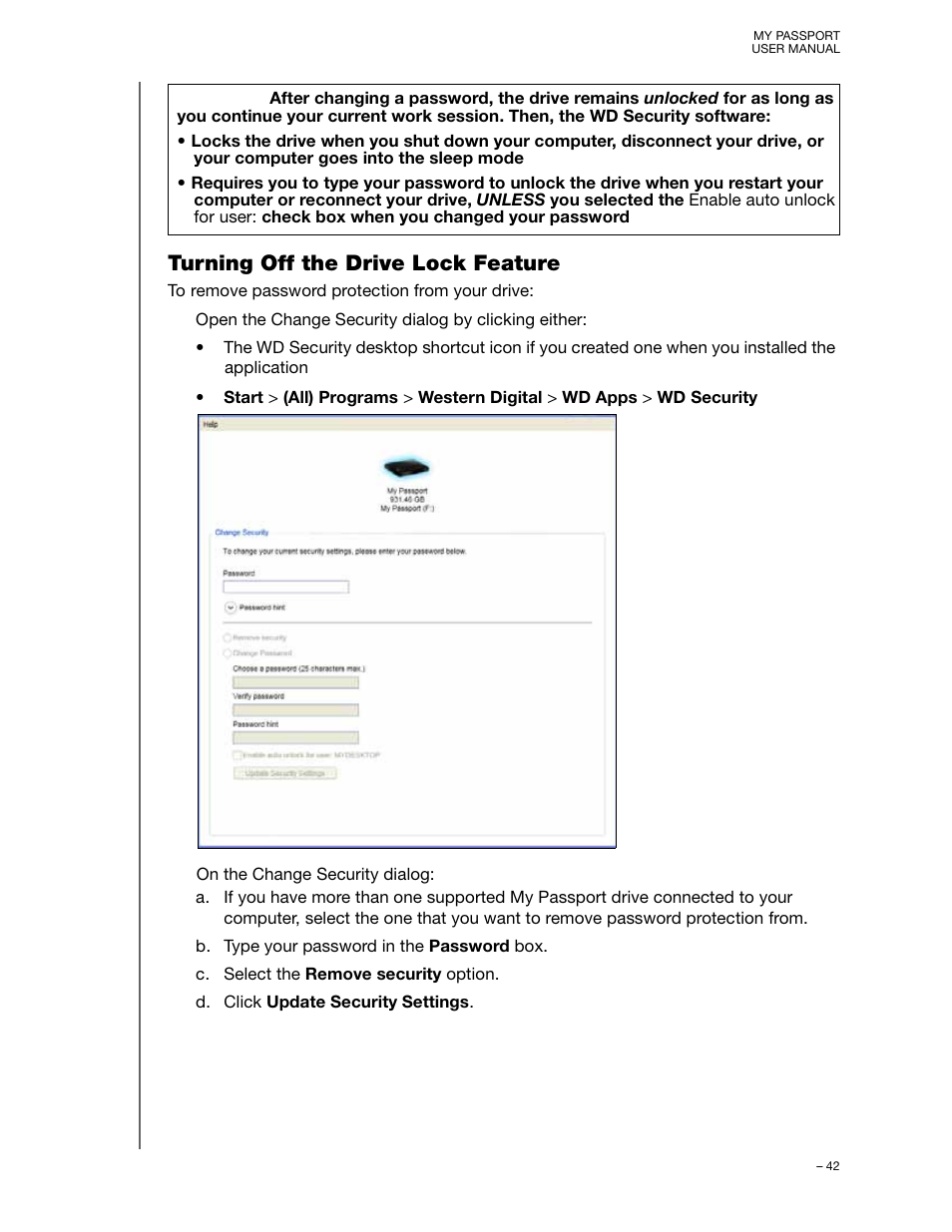 Turning off the drive lock feature | Western Digital My Passport User Manual User Manual | Page 47 / 77