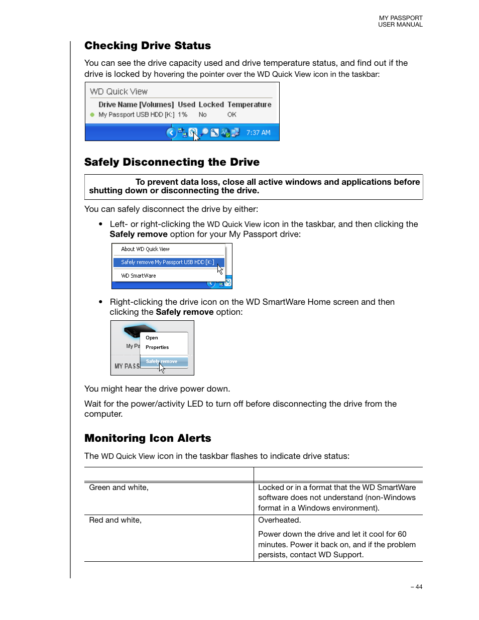 Checking drive status, Safely disconnecting the drive, Monitoring icon alerts | Western Digital My Passport User Manual User Manual | Page 49 / 77