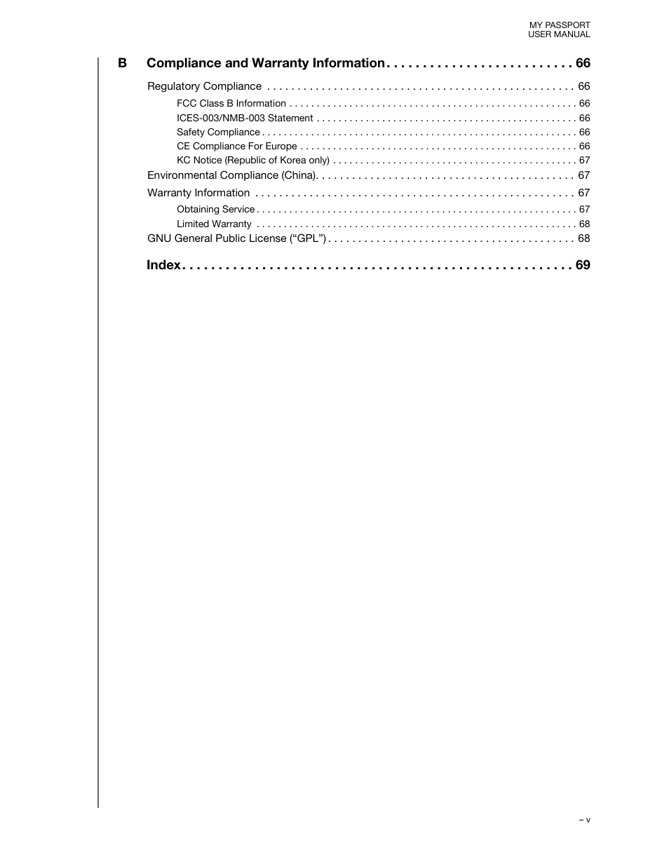 Bcompliance and warranty information, Index | Western Digital My Passport User Manual User Manual | Page 5 / 77